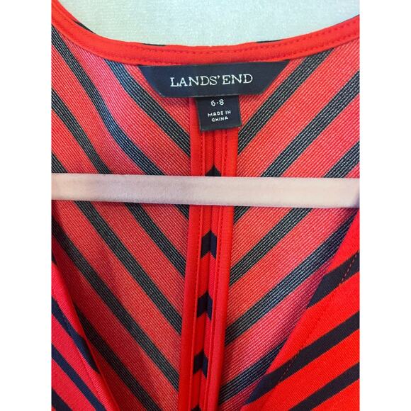 Lands' End Size SM 6/8 Dress Red with Dark Navy Stripes V Neck - Picture 4 of 5